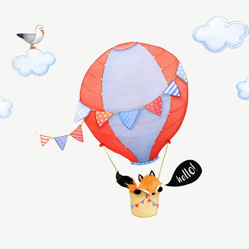 Fabric Wall Decal, Bright Fox Balloon Nursery, Toddler Watercolour Room Decor, Animal Wall Stickers