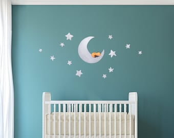 Fabric Wall Decal, Fox Moon Nursery, Toddler Watercolour Room Decor, Animal Wall Stickers