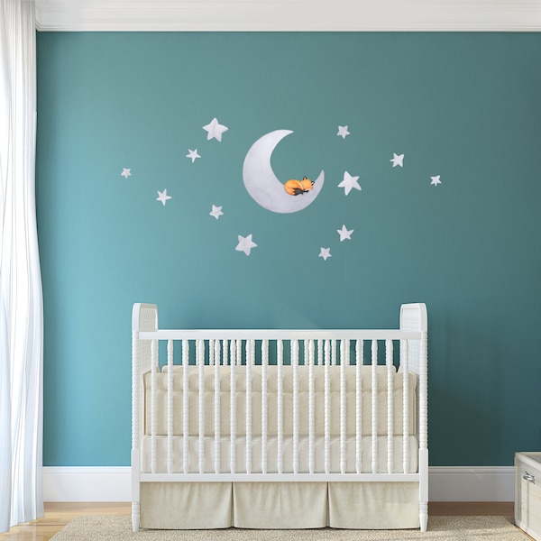 Fabric Wall Decal, Fox Moon Nursery, Toddler Watercolour Room Decor, Animal Wall Stickers
