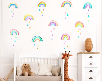 Rainbows and Raindrops - Fabric Wall Decals - Watercolour Wall Stickers - Kids Room Decor