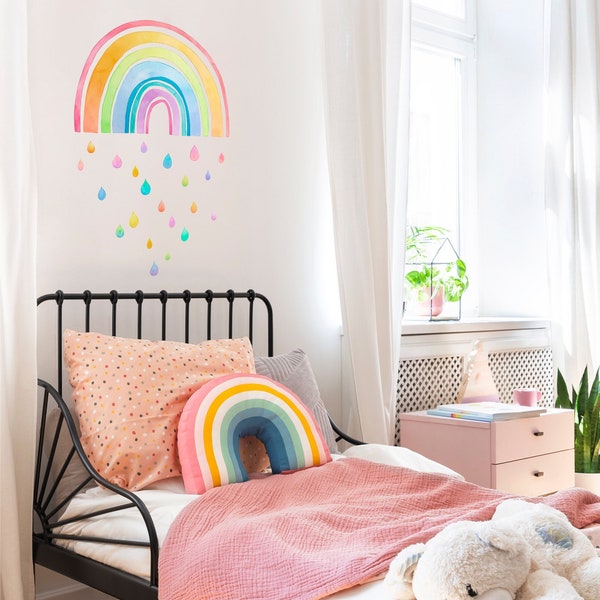 Fabric Wall Decal, Large Rainbow, Watercolour Kids Room Decor, Colourful Wall Art