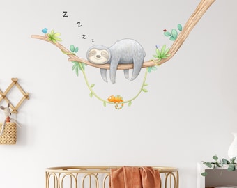 Calcomanía de pared de tela Sleepy Sloth, vivero de perezosos, decoración de acuarela, arte de pared de la selva