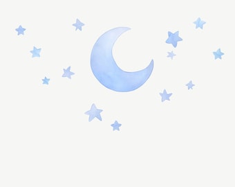 Moon and Stars Wall Decal - Watercolour Night Time -   Nursery Decor - Little Tall Tales