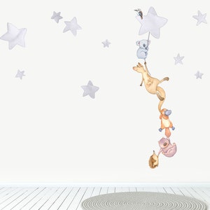 Australian Animals Night Time Wall Decal, Watercolour Stars Nursery Decor, Aussie Animal Wall Stickers