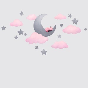 Fabric Wall Decal, Dusty Pink Fox Moon Nursery, Toddler Watercolour Room Decor, Animal Wall Stickers