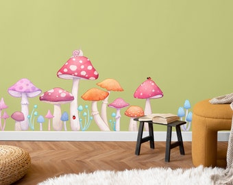 Toadstool Wall Decals, Woodland Nursery Decor, Watercolour Mushroom Wall Stickers for Kids Rooms
