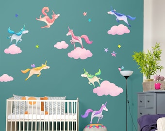 Unicorn Wall Decals - Watercolour Girls Room Decor - Kids Peel and Stick Fabric Wall Stickers