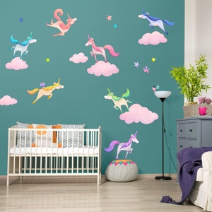 Unicorn Wall Decals - Watercolour Girls Room Decor - Kids Peel and Stick Fabric Wall Stickers