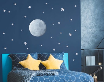Full Moon and Stars Wall Decal - Space Decor - Night Sky Decals - Boys Wall Stickers