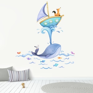 Fabric Wall Decal, Fox and Whale Boat, Toddler Watercolour Room Decor, Animal Wall Stickers, Nursery Wall Art