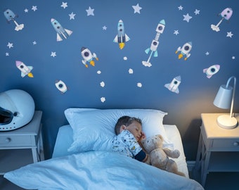 Space Rocket Wall Decals - Watercolour Night Time - Nursery Decor - Wall Stickers