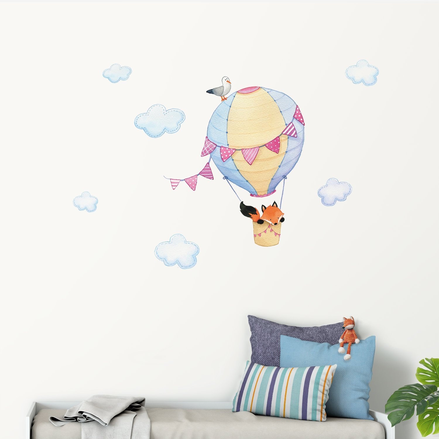 Hot Air Balloon with Fox Wall Decal for Nurseries -  Eco Friendly Peel and Stick Fabric Wall Stickers for Kids Rooms