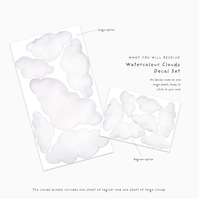 Watercolor Clouds Fabric Wall Decal Set, Kids Room Decals, Cloud Wall Sticker, Nursery Cloud Decor, Removable zdjęcie 3