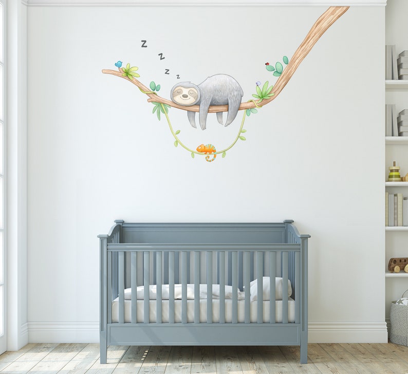 Sleepy Sloth Fabric Wall Decal, Sloth Nursery, Watercolour Decor, Jungle Wall Art zdjęcie 2