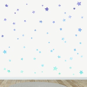 Décalque de mur de tissu d'étoiles d'ombre autocollants de mur d'aquarelle décor de chambre d'enfants Blue to Mint