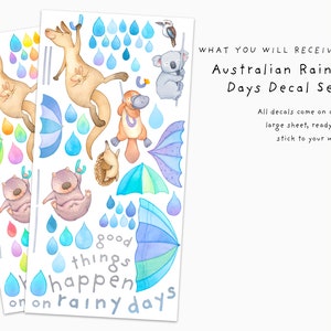 May include: A set of Australian-themed wall decals featuring a koala, kangaroo, echidna, wombat, and raindrops. The decals are printed on a white background and include the text "good things happen on rainy days".