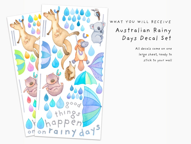 May include: A set of Australian-themed wall decals featuring a koala, kangaroo, echidna, wombat, and raindrops. The decals are printed on a white background and include the text "good things happen on rainy days".