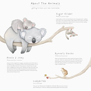 May include: An illustrated guide to Australian animals, featuring a koala and joey sleeping in a tree, a sugar glider, a Bynoe's gecko, and ladybugs. The text includes the scientific names and fun facts about each animal.
