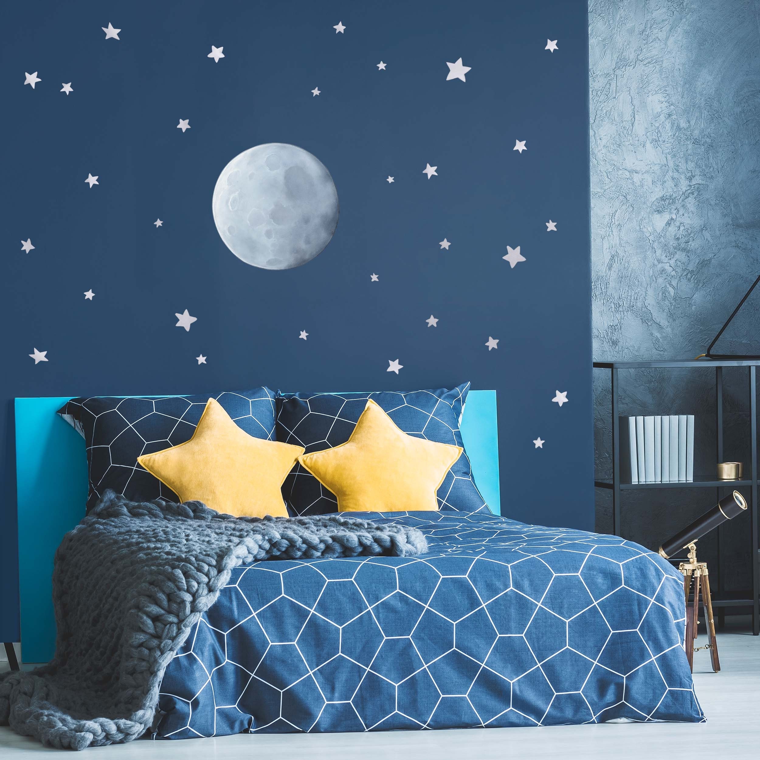 Full Moon and Stars Wall Decal - Space Decor - Night Sky Decals - Boys Wall Stickers