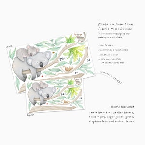 May include: A set of fabric wall decals featuring a koala and joey sleeping in a gum tree. The decals are handmade and include a main branch, a smaller branch, a sugar glider, a gecko, a staghorn fern, and various leaves. The decals are easy to apply, repositionable, and non-toxic.