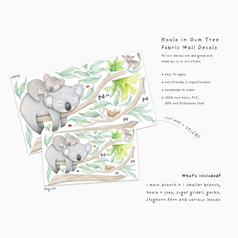 May include: A set of fabric wall decals featuring a koala and joey sleeping in a gum tree. The decals are handmade and include a main branch, a smaller branch, a sugar glider, a gecko, a staghorn fern, and various leaves. The decals are easy to apply, repositionable, and non-toxic.