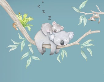 Koala Wall Decal, Eucalyptus Tree Australian Nursery Decor, Sustainable Wall Stickers for Kids Rooms