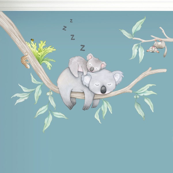 Koala Wall Decal, Eucalyptus Tree Australian Nursery Decor, Sustainable Wall Stickers for Kids Rooms