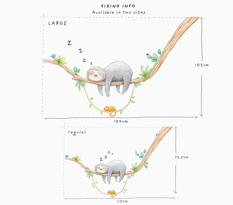 Calcomanía de pared de tela Sleepy Sloth, vivero de perezosos, decoración de acuarela, arte de pared de la selva imagen 4