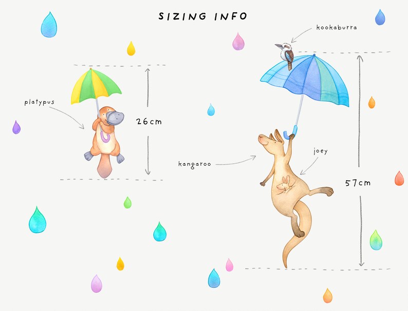 May include: A colorful illustration of a platypus holding an umbrella, a kangaroo holding an umbrella with a kookaburra perched on top, and a joey kangaroo inside. The platypus is 26 cm tall and the kangaroo is 57 cm tall.