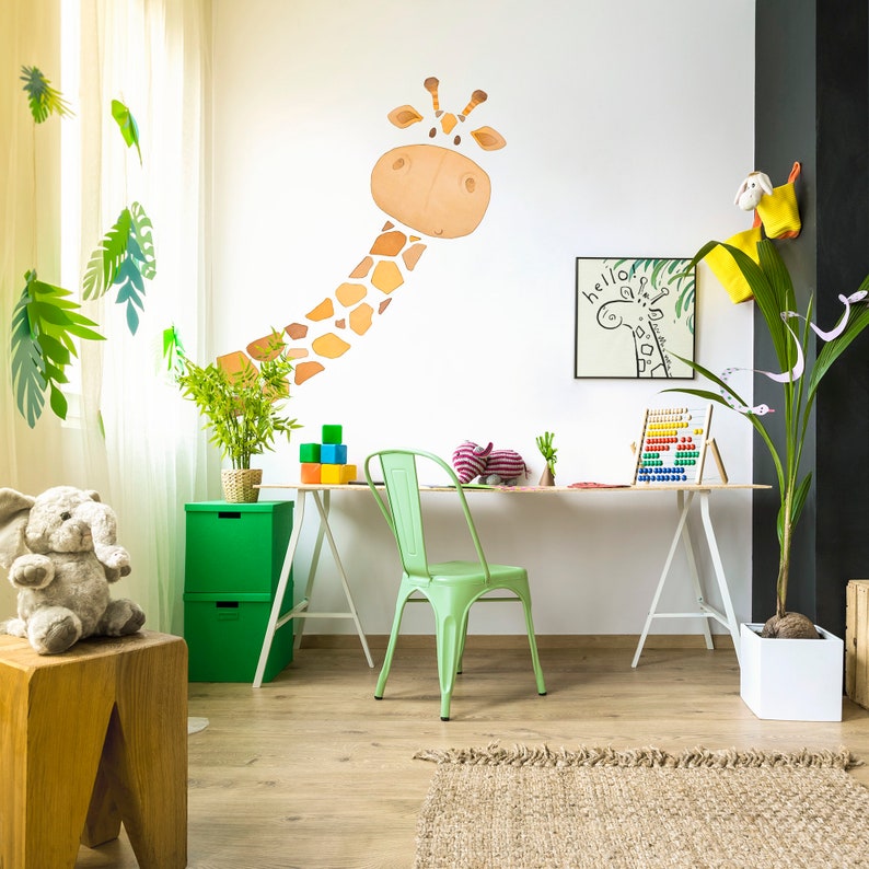 Décalcomanie murale en tissu girafe, décor de salle daquarelle pour tout-petits, autocollants muraux danimaux image 1