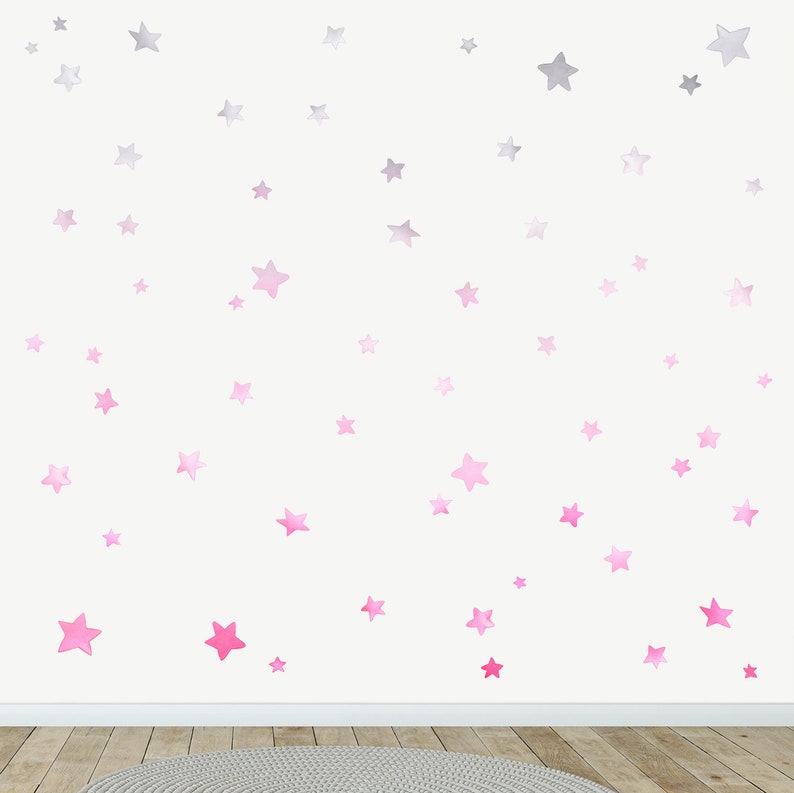 Décalque de mur de tissu d'étoiles d'ombre autocollants de mur d'aquarelle décor de chambre d'enfants Pink to Grey