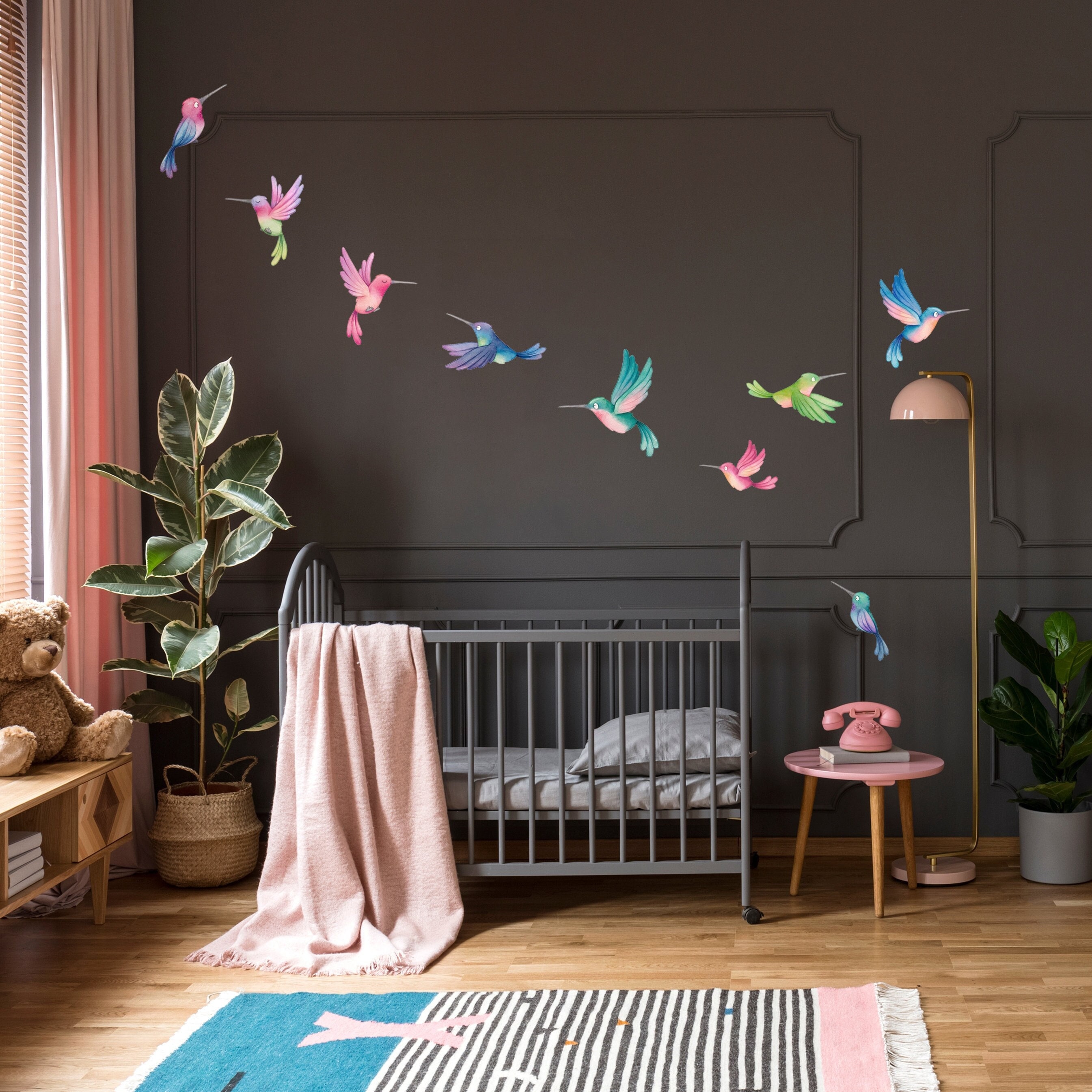 Hummingbird Fabric Wall Decal, Flying Birds Wall Stickers, Watercolour Decor, Bird Wall Art