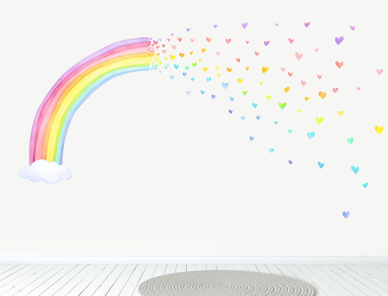 Decalcomania da muro in tessuto spray con cuori arcobaleno Decalcomania acquerello per bambini Adesivi murali immagine 2
