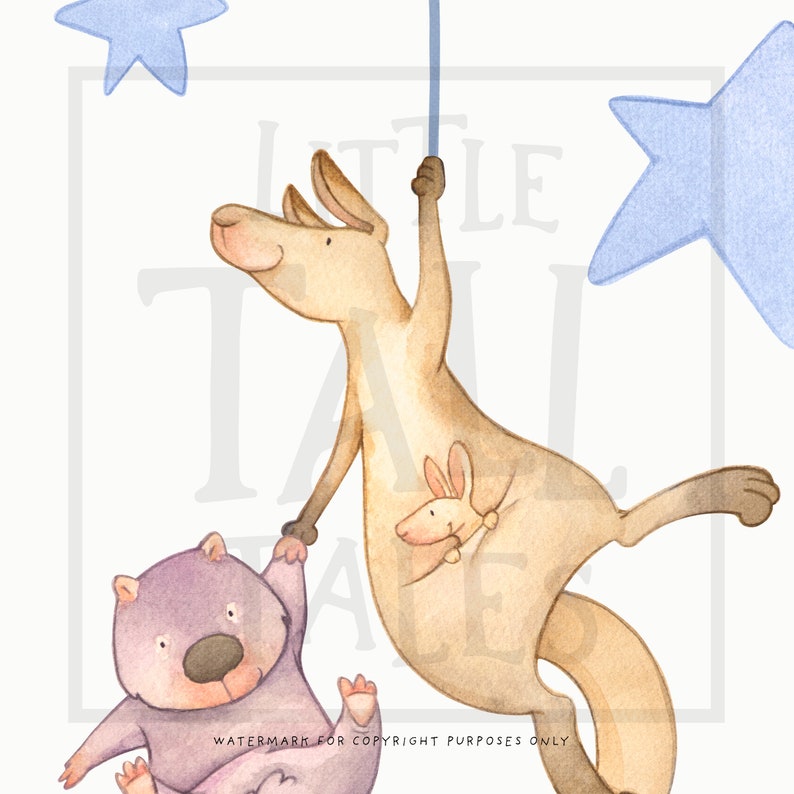 Australian Animals Night Time Wall Decal, Watercolour Stars Nursery Decor, Aussie Animal Wall Stickers image 6