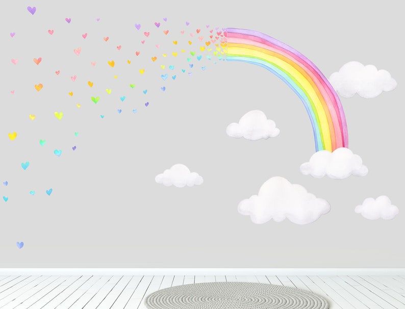 Decalcomania da muro in tessuto spray con cuori arcobaleno Decalcomania acquerello per bambini Adesivi murali immagine 1