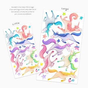 Op de afbeelding: Twee vellen eenhoornstickers, gelabeld met "Little" en "Large". De stickers bevatten aquarel illustraties van kleurrijke eenhoorns, sterren en vlinders. De tekst luidt: "Verkrijgbaar in twee maten, klein of groot."