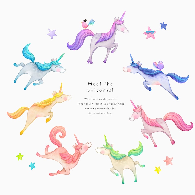 Op de afbeelding: Waterverfillustratie van zeven kleurrijke eenhoorns met de tekst "Meet the unicorns!" en "Which one would you be? These seven colourful friends make awesome roommates for little unicorn fans."