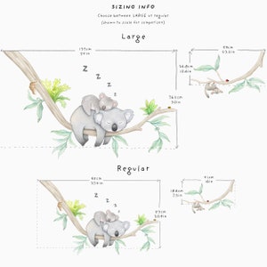May include: Two koala bears sleeping on a branch with green leaves. The larger koala is holding a smaller koala. The image shows two sizes of the design, Large and Regular, with measurements in inches and centimeters.