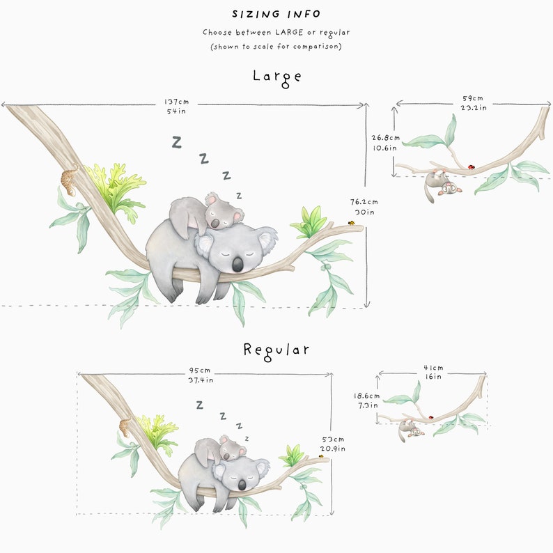 May include: Two koala bears sleeping on a branch with green leaves. The larger koala is holding a smaller koala. The image shows two sizes of the design, Large and Regular, with measurements in inches and centimeters.