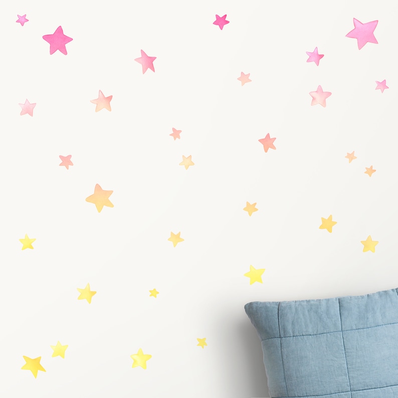 Décalque de mur de tissu d'étoiles d'ombre autocollants de mur d'aquarelle décor de chambre d'enfants Pink to Yellow