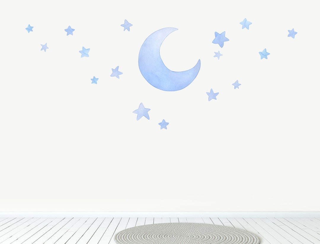 Moon and Stars Wall Decal - Watercolour Night Time - Nursery Decor ...