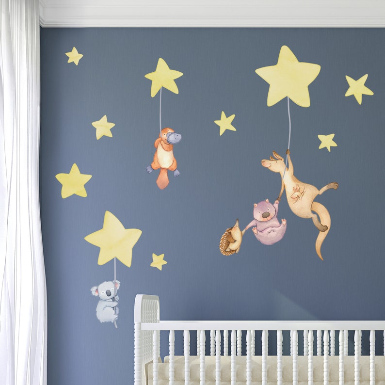 Australian Animals Night Time Wall Decal, Watercolour Stars Nursery Decor, Aussie Animal Wall Stickers Soft Yellow