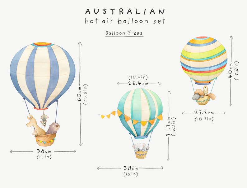 Australian Animals Hot Air Balloon Wall Decal, Koala and Kangaroo Watercolour Nursery Decor, Aussie Animal Wall Stickers image 4