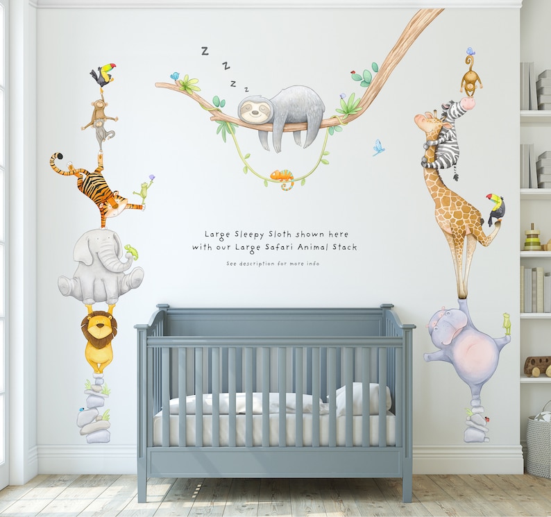Sleepy Sloth Fabric Wall Decal, Sloth Nursery, Watercolour Decor, Jungle Wall Art zdjęcie 5
