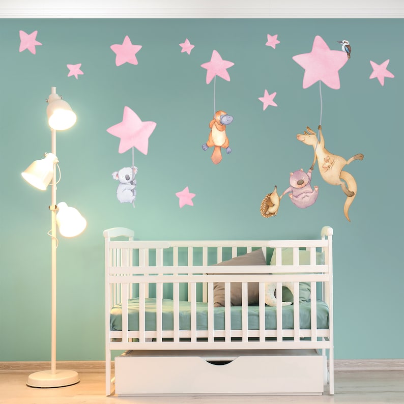 Australian Animals Night Time Wall Decal, Watercolour Stars Nursery Decor, Aussie Animal Wall Stickers Light Pink