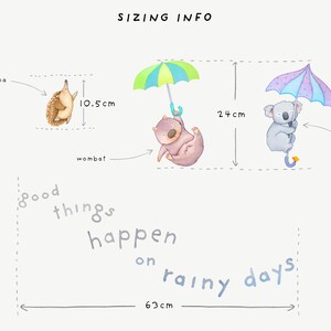 May include: An illustration of good things happening on rainy days. A wombat, echidna, and koala are holding umbrellas. The wombat is 24 cm tall, the echidna is 10.5 cm tall, and the illustration is 63 cm wide.