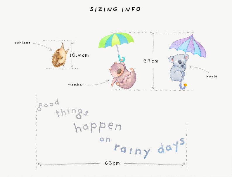 May include: An illustration of good things happening on rainy days. A wombat, echidna, and koala are holding umbrellas. The wombat is 24 cm tall, the echidna is 10.5 cm tall, and the illustration is 63 cm wide.