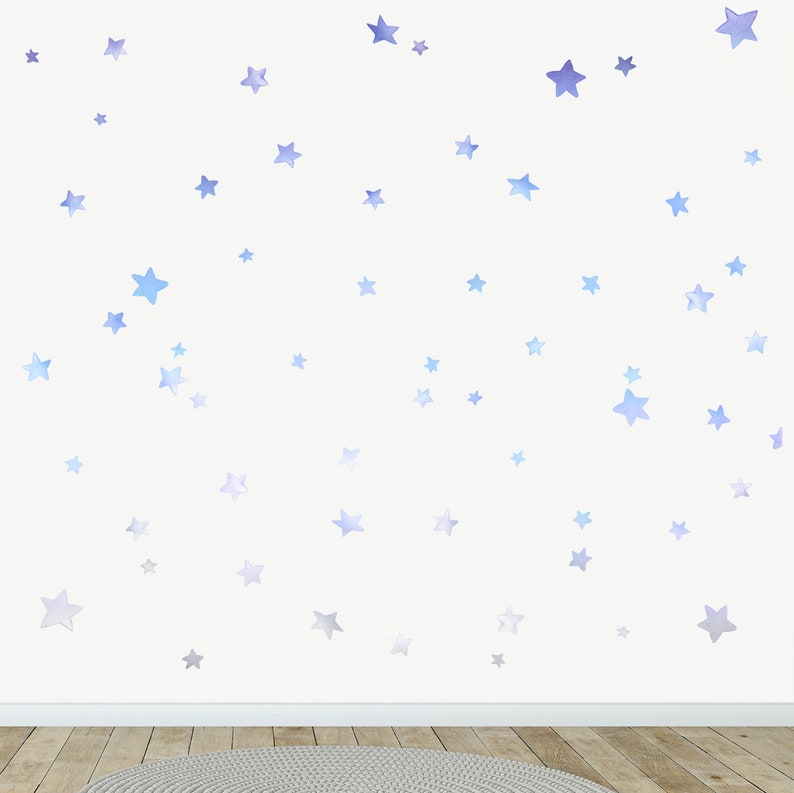 Décalque de mur de tissu d'étoiles d'ombre autocollants de mur d'aquarelle décor de chambre d'enfants Blue to Grey