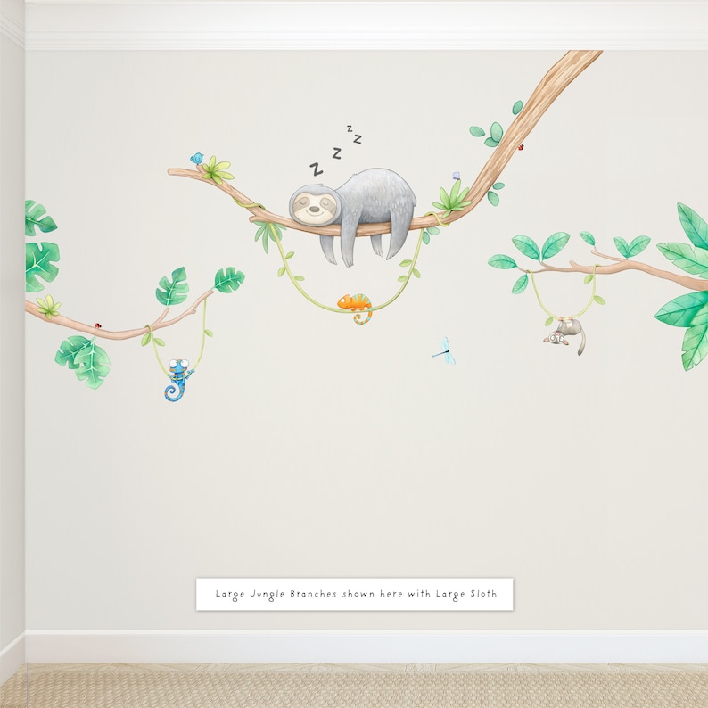 Calcomanía de pared de tela Sleepy Sloth, vivero de perezosos, decoración de acuarela, arte de pared de la selva imagen 7