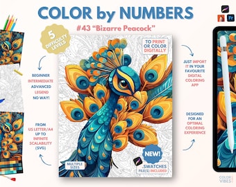 Couleur par numéros pour adultes « Paon bizarre » / Peinture imprimable par numéros / Page de coloriage numérique / Procréer / Ipad / Art-thérapie